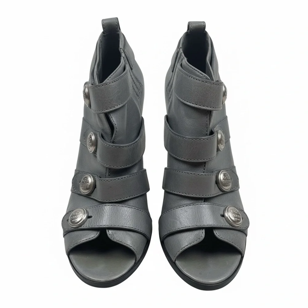 Coach Brandi Gray Leather Peep-Toe Booties 8.5B Silver Logo Buttons
